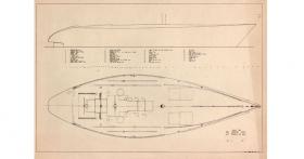 This drawing shows the deck equipment arrangement. This includes the principal deck sailing equipment items. This drawing was developed to enable the yacht builder to locate on the deck all the sailing equipment items.
